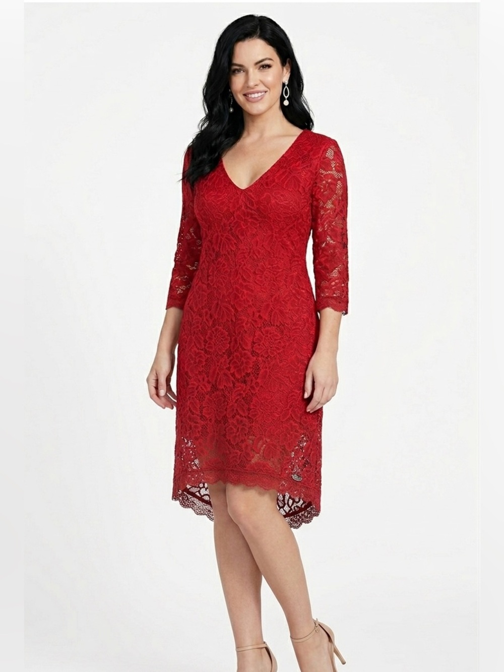 Guess Women Lace Red Dress with Metallic Brand Tag ( Guess) V-Neck 3/4 Sleeves - Picture 15 of 15